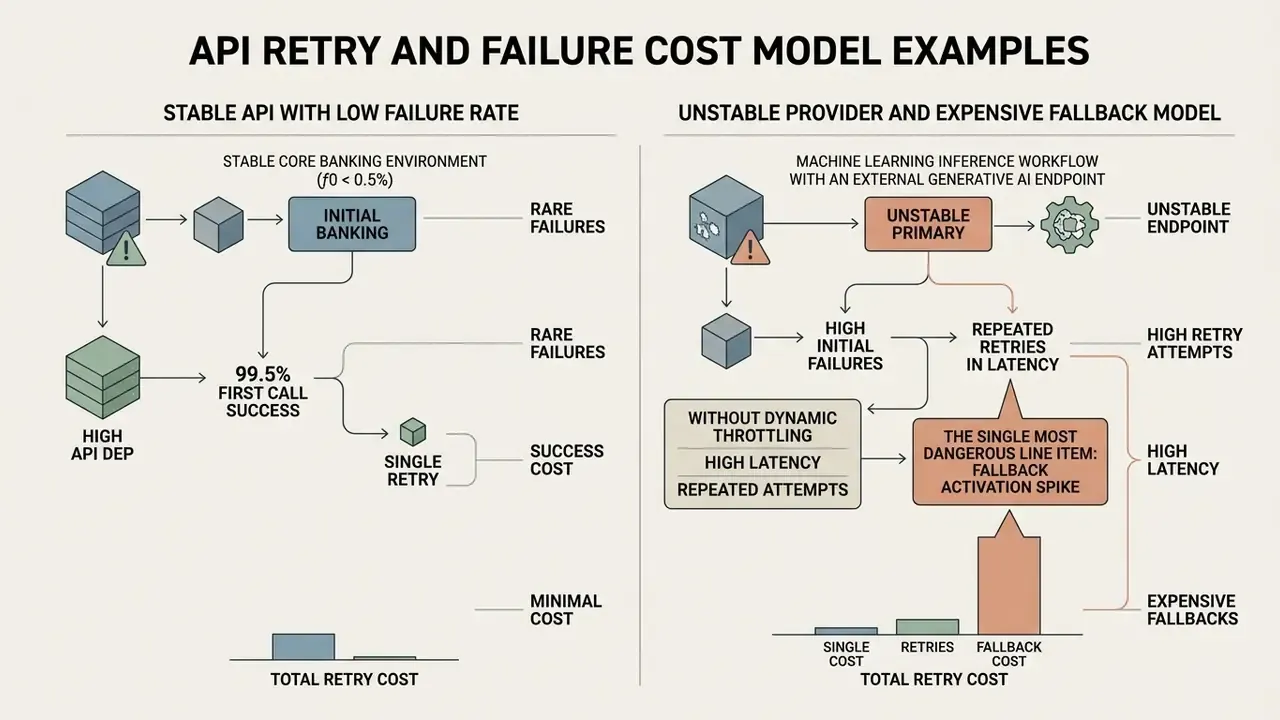 Side-by-side comparison of API reliability and cost impact between stable banking and unstable AI services