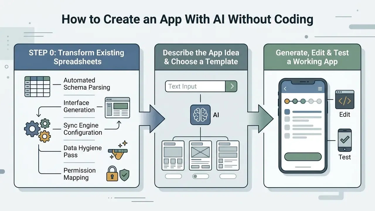 Three-step process diagram showing spreadsheet data transformation, AI template selection, and app testing