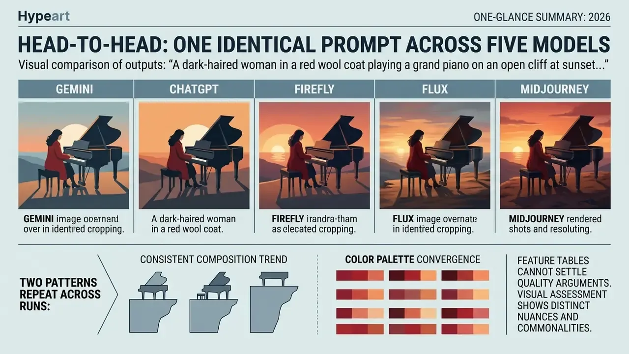 Side-by-side comparison of five AI image generator outputs showing a woman playing piano on a cliff