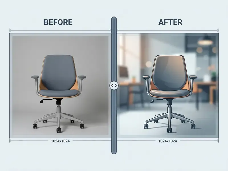 Split screen comparing a plain office chair to the same chair placed in a blurred office environment
