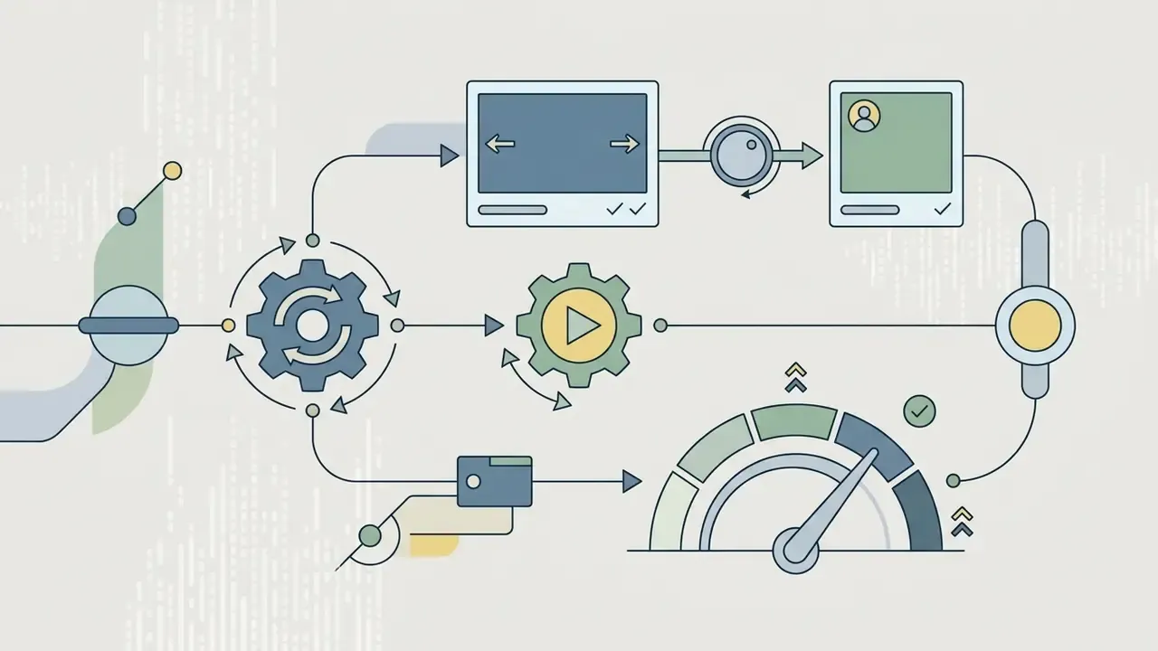 Icons of gears, aspect ratio screens, and a speed gauge connected by lines to show generation settings