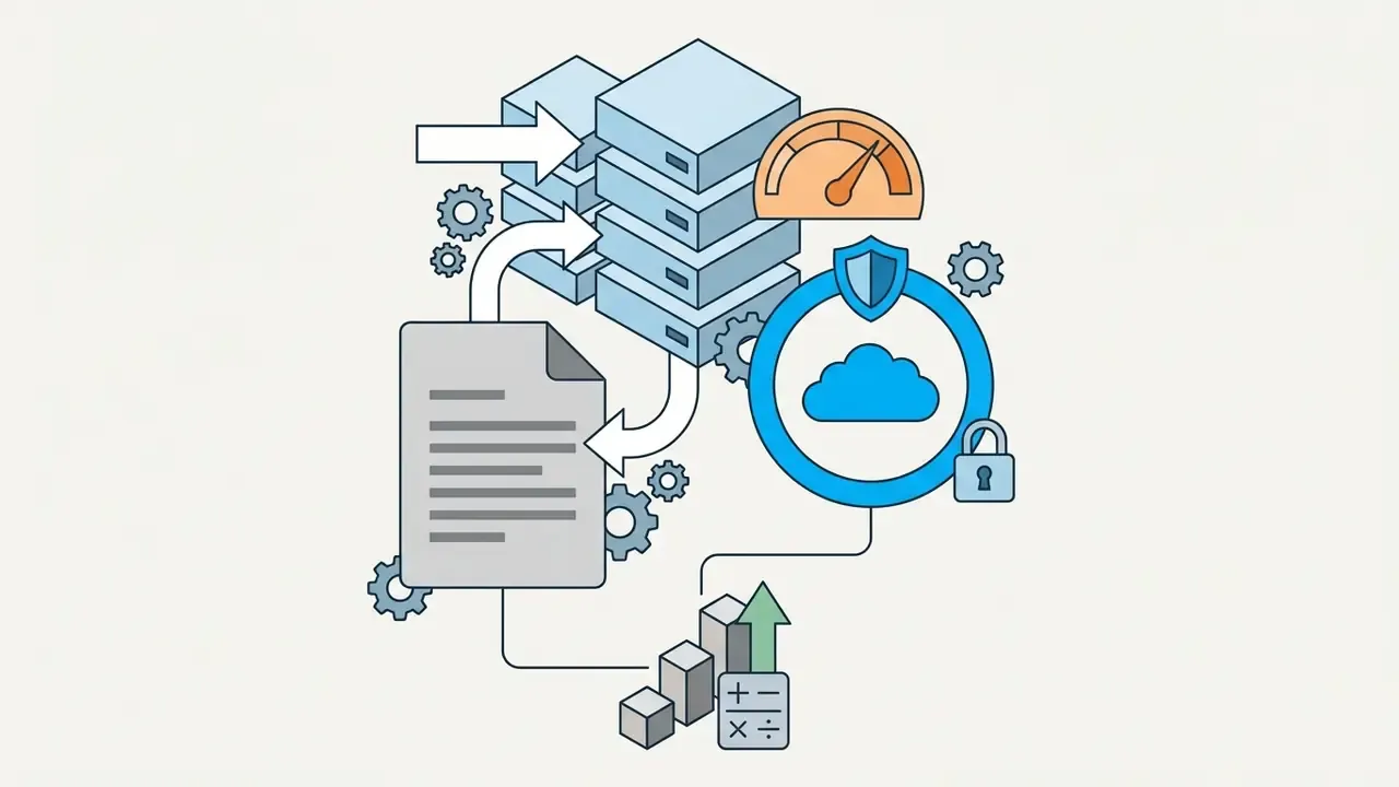 Data flows between server stacks, a document, and a cloud icon with a shield and padlock for AI media