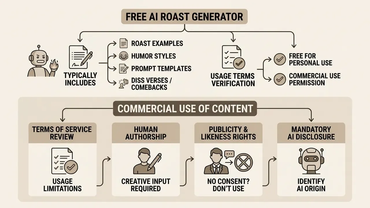 Summary of tool features and legal considerations for using generated content in commercial projects