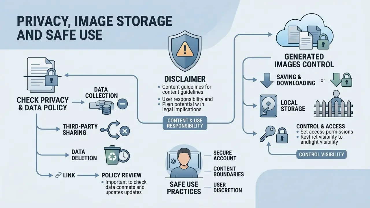 Flowchart outlining data policy checks, disclaimer responsibilities, and image storage control options