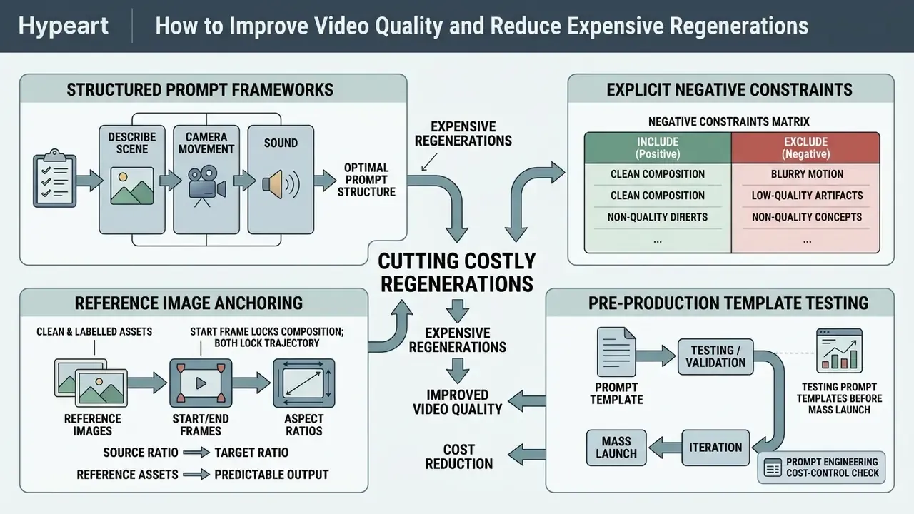 Flowchart detailing four methods to optimize Google Veo video generation and minimize re-runs