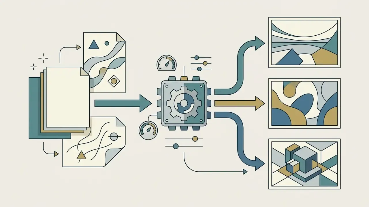 Papers feeding into a central processor that generates three distinct visual scene variations