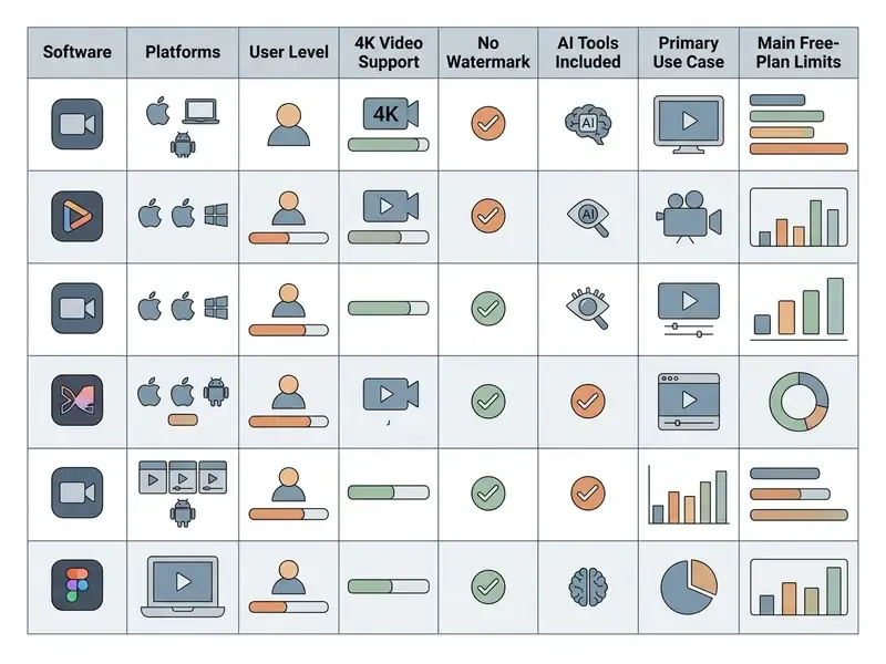 Comparison table displaying features and limitations of various free video editing software options