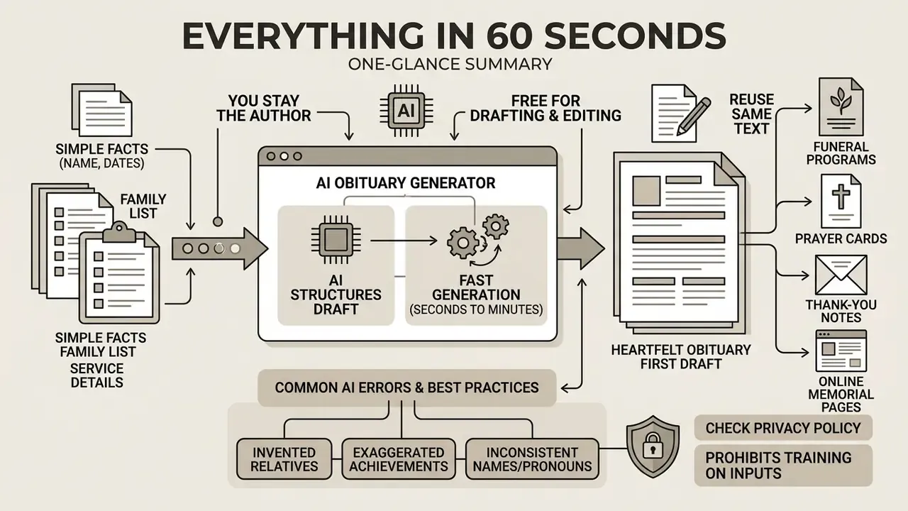 Infographic showing how an AI obituary generator processes personal facts into a written draft