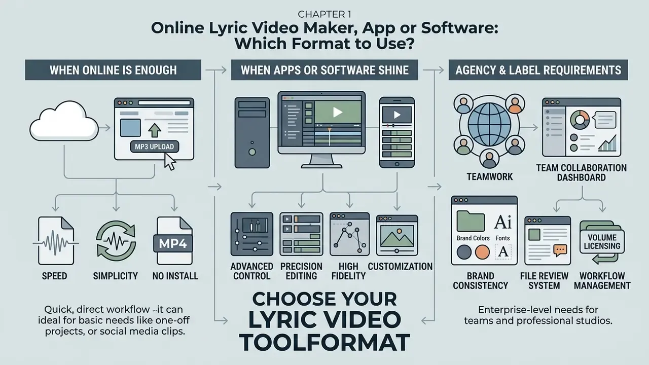 Comparison of web tools, desktop software, and enterprise solutions for music video production workflows