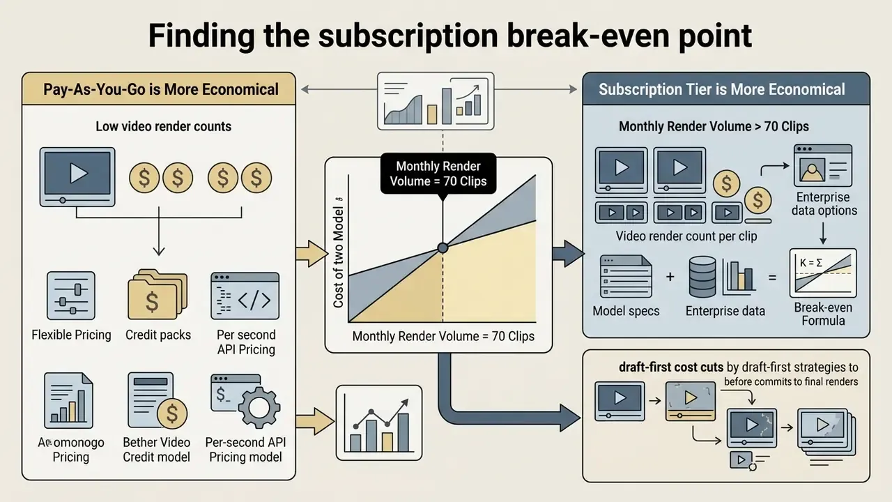 Comparison graph showing the cost break-even point for Pay-As-You-Go versus subscription AI video models