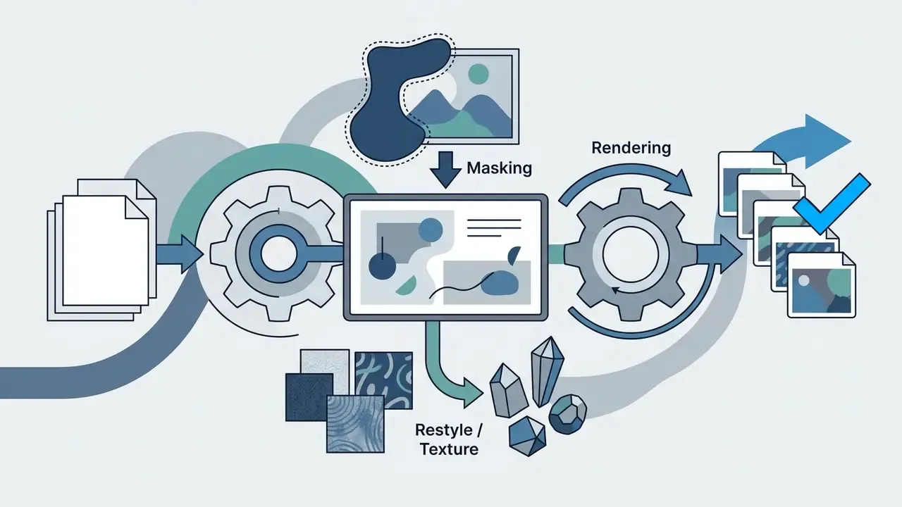 Files flowing through gears and masking tools to restyle and render video frames with a checkmark