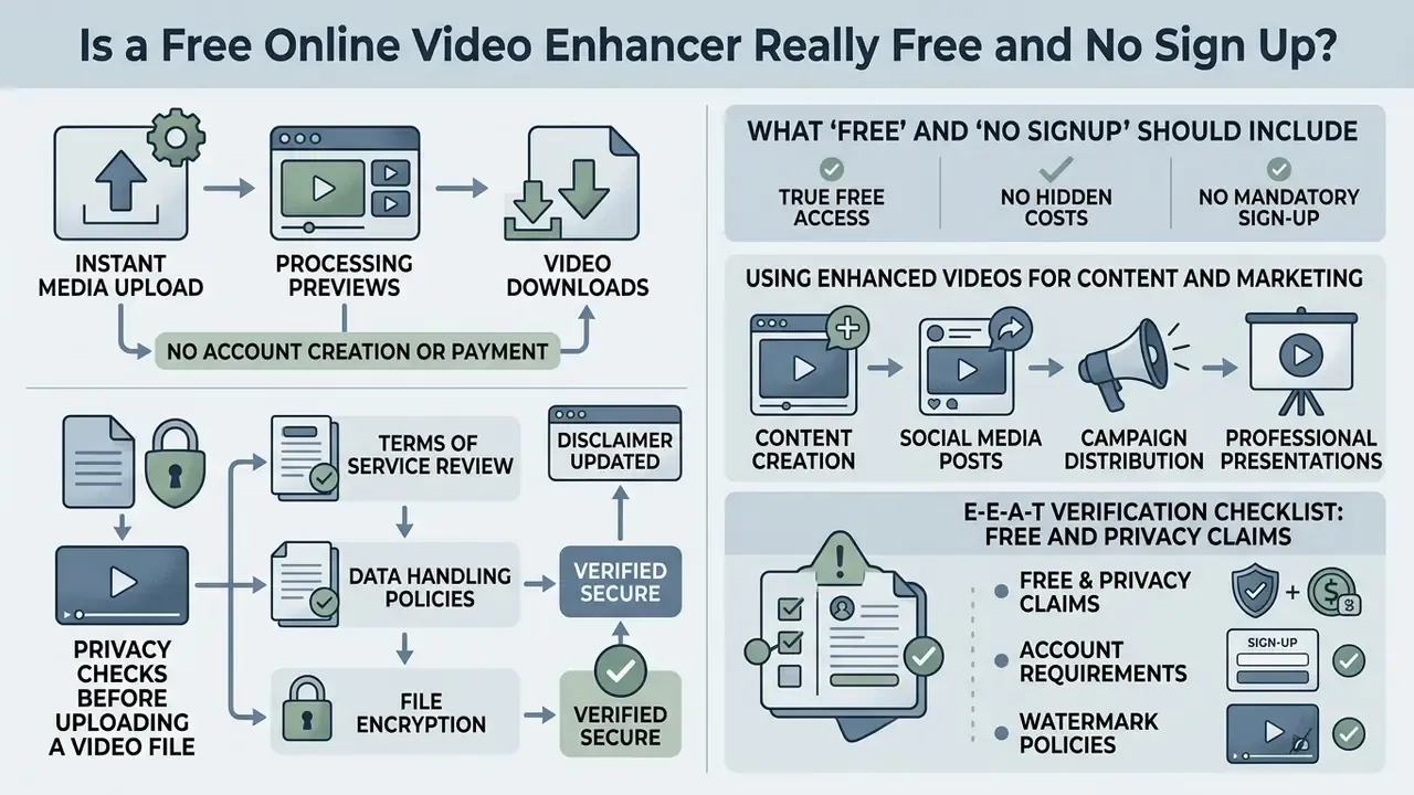 Infographic detailing privacy checks and usage guidelines for a free online video enhancer 1080p platform