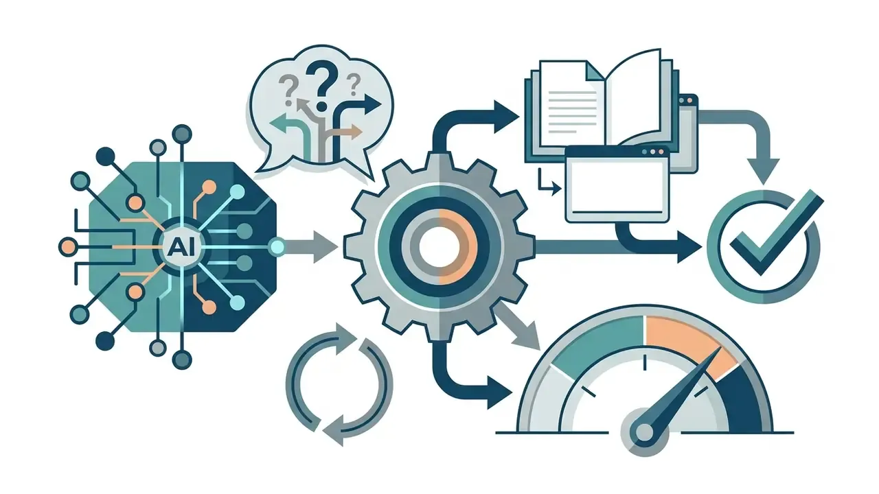 AI processor feeding into a central gear that connects to educational documents and a progress gauge