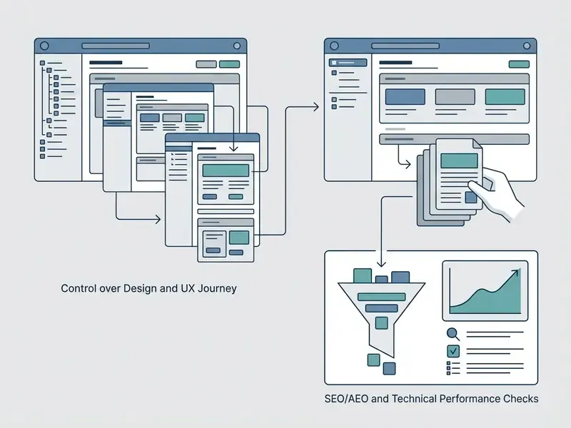 Simplified website navigation flow leading to a conversion funnel and performance analytics dashboard