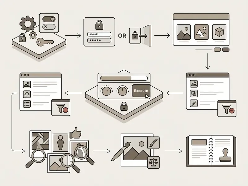 Diagram showing the workflow from account authentication and model selection to image generation and audit