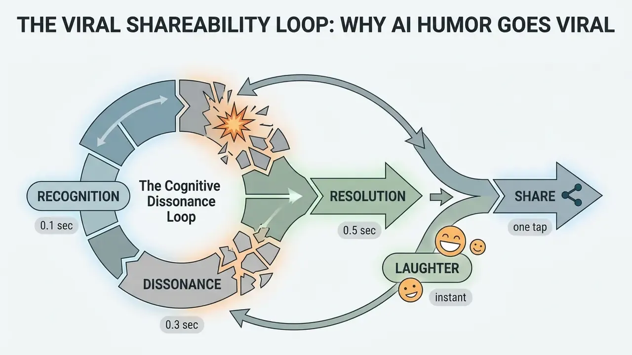 Diagram showing the stages of recognition, dissonance, resolution, laughter, and sharing in a viral loop