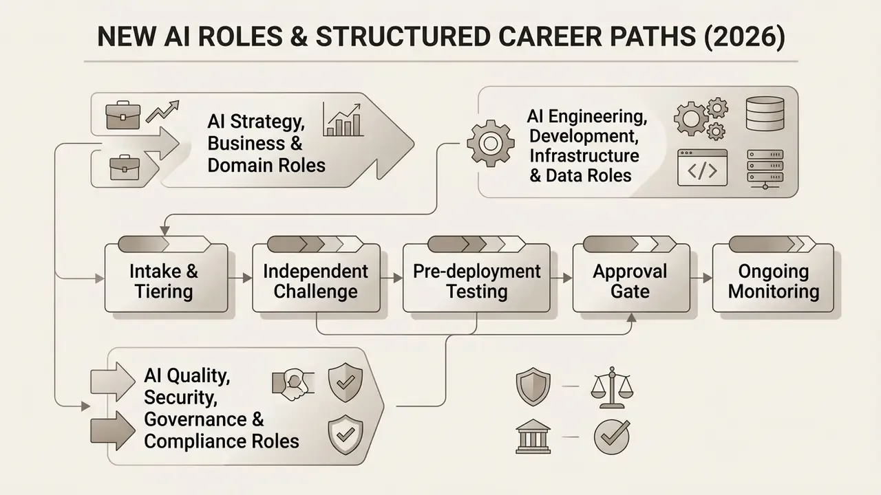 Flowchart outlining structured career paths for AI strategy, engineering, and governance roles