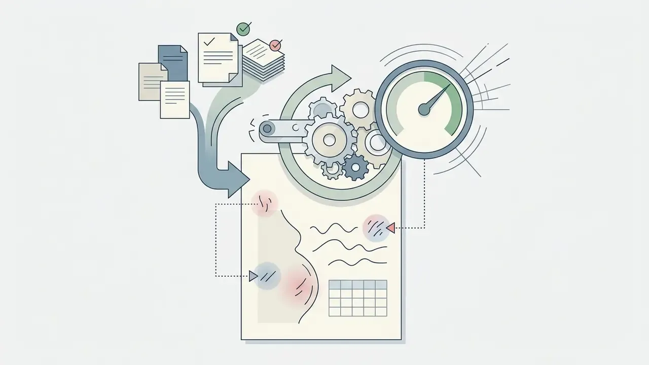 Documents feeding into a gear system and speedometer gauge that processes data into a stylized body shape