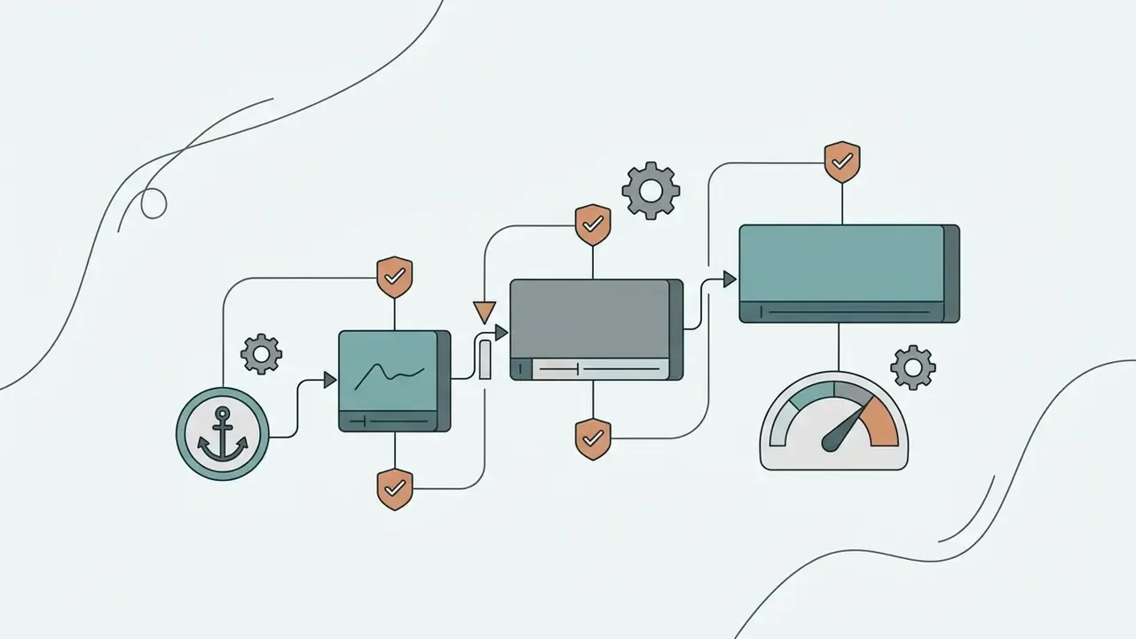 Linear process diagram connecting video player icons with gear symbols and shield checkmark badges
