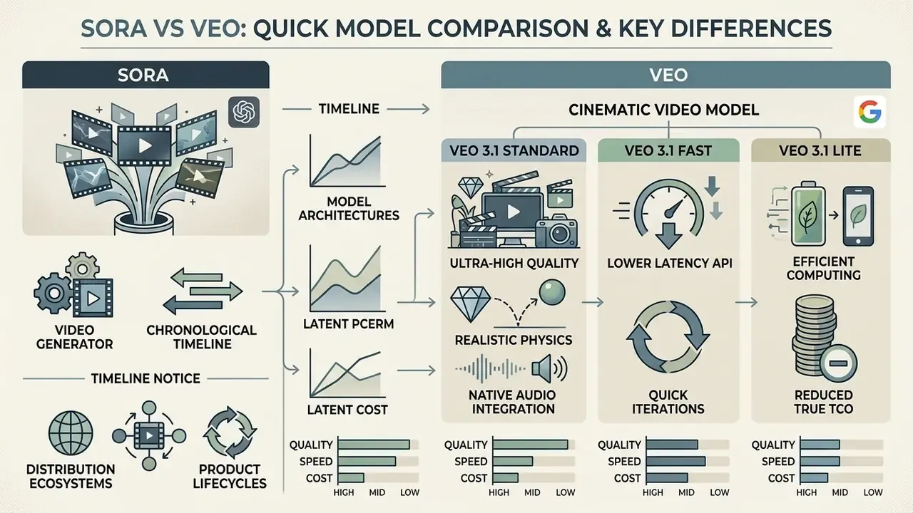 Infographic comparing Sora and Veo architectures, model variants, and performance metrics