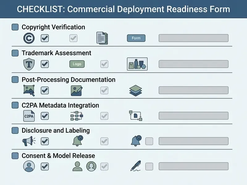 Interactive compliance form with checkboxes and icons for copyright, trademark, and metadata verification