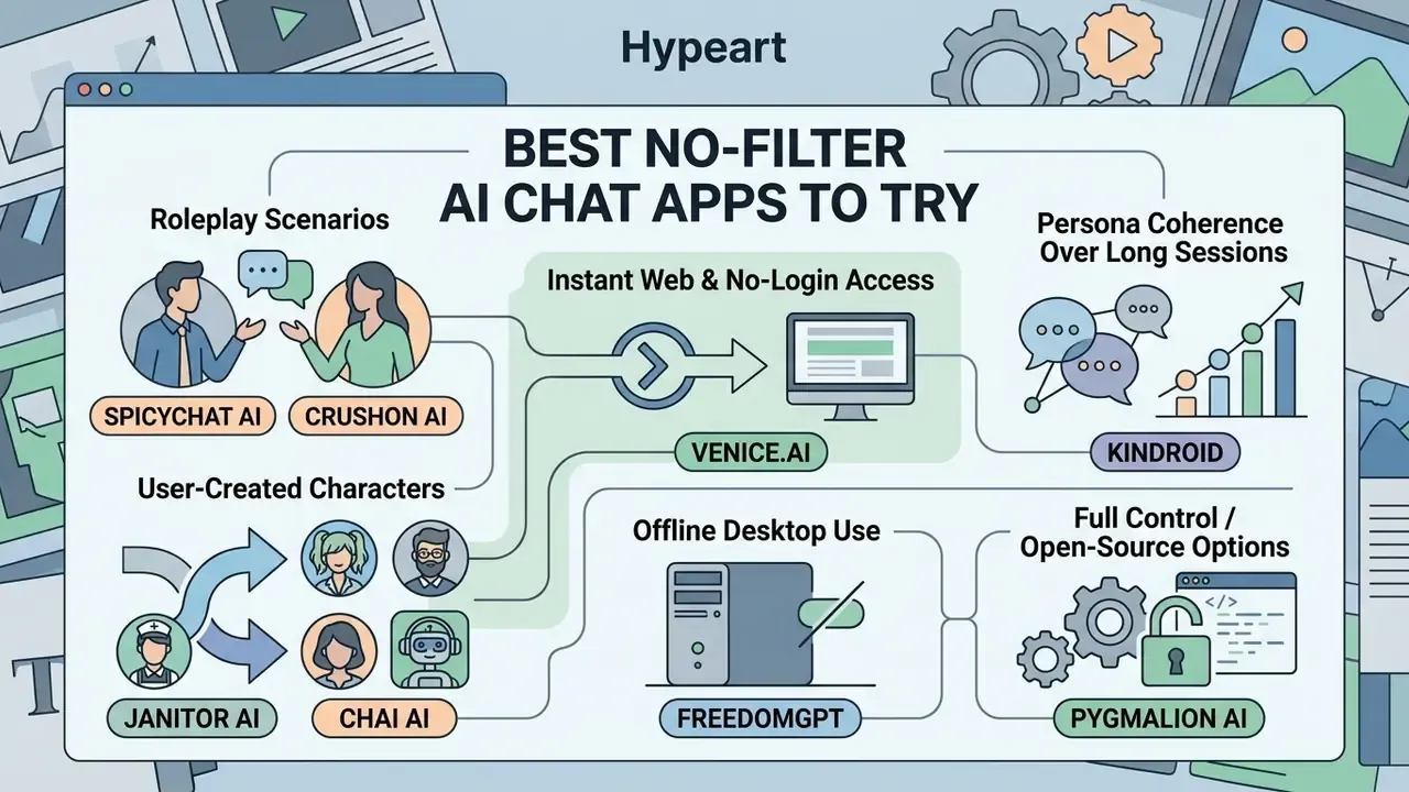 Categorized overview of various AI chat apps highlighting specific features like roleplay and offline use