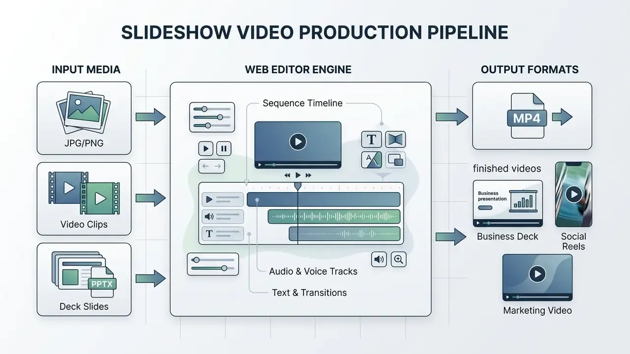 Diagram illustrating the workflow from input media files through a web editor to final video formats