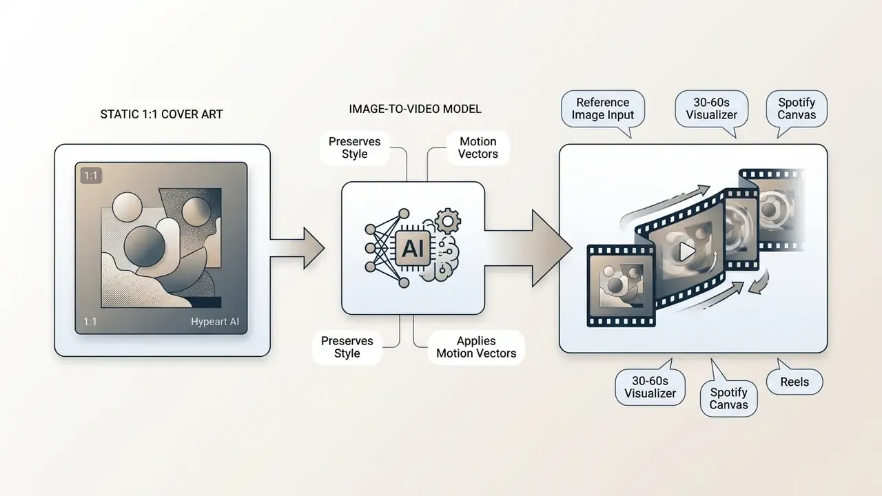 Workflow showing static cover art transforming into an animated music visualizer via an AI model