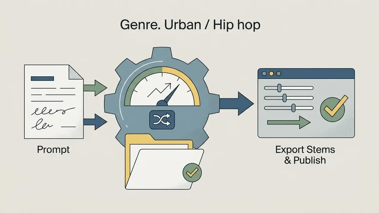 Prompt document feeding into a gear gauge to produce exported stems and published audio files