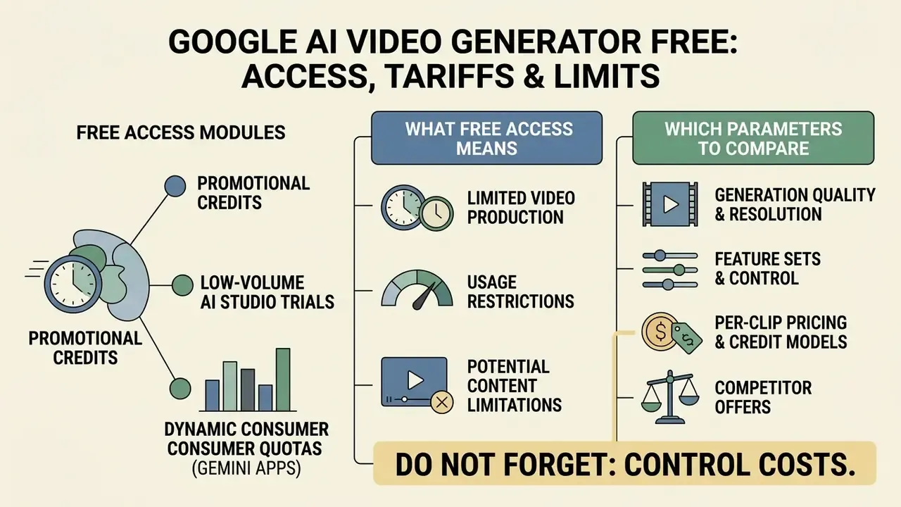 Infographic comparing free access modules, production limits, and key parameters for video generation tools