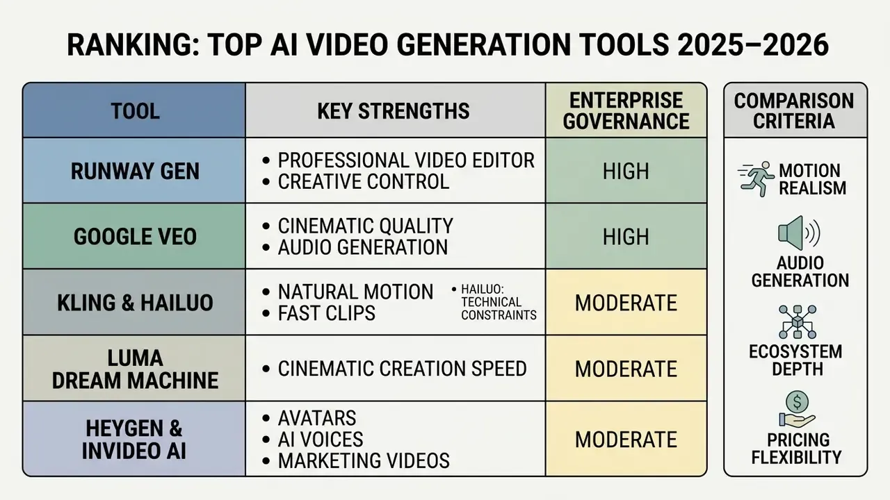 Comparison table listing top AI video generation tools with their key strengths and enterprise governance