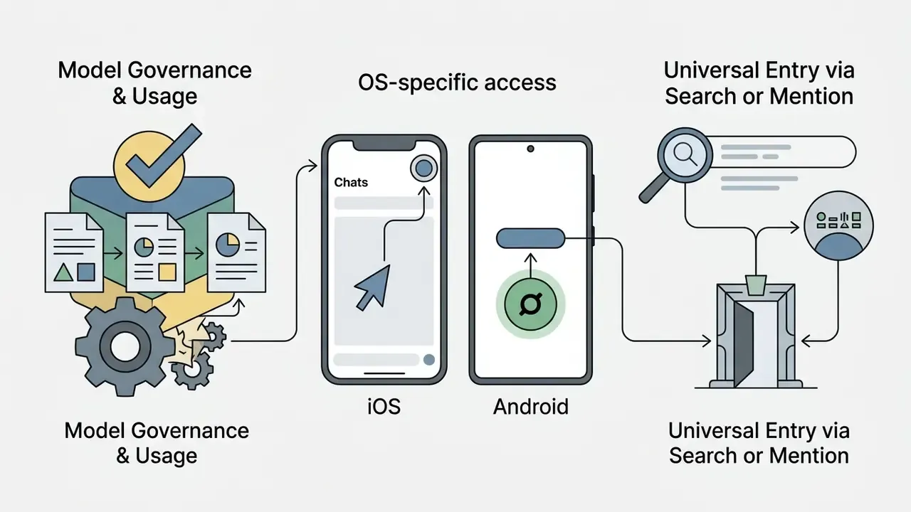 Diagram showing governance documents, smartphone interface access points, and search entry methods
