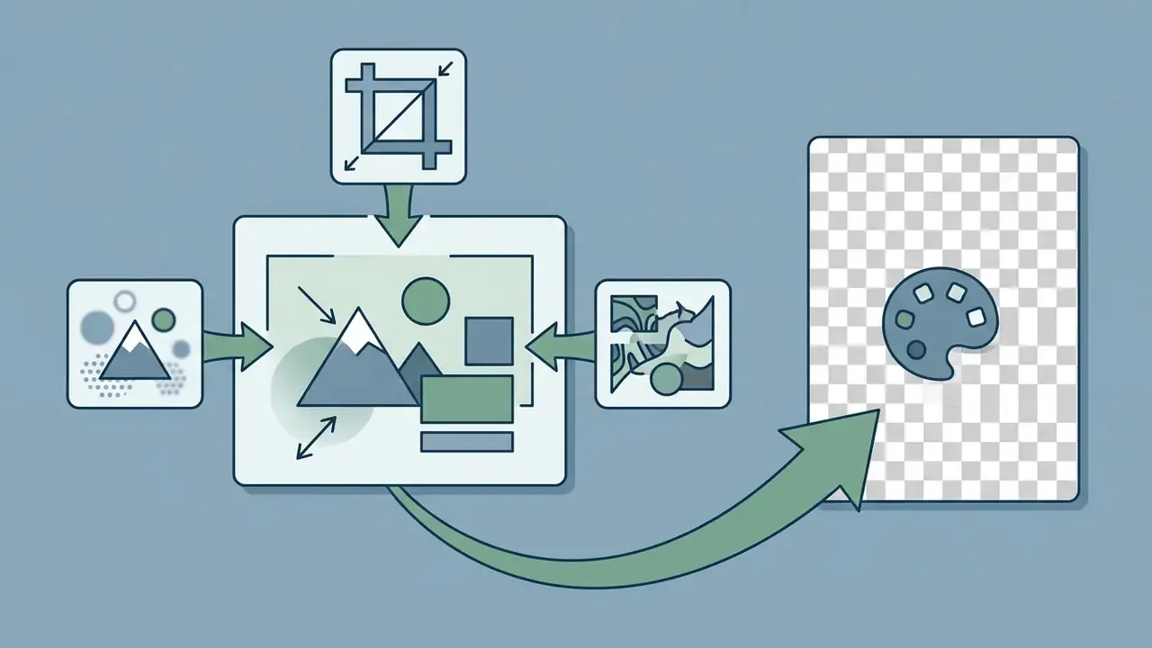 Icons representing cropping and styling tools pointing toward an image being moved to a design canvas
