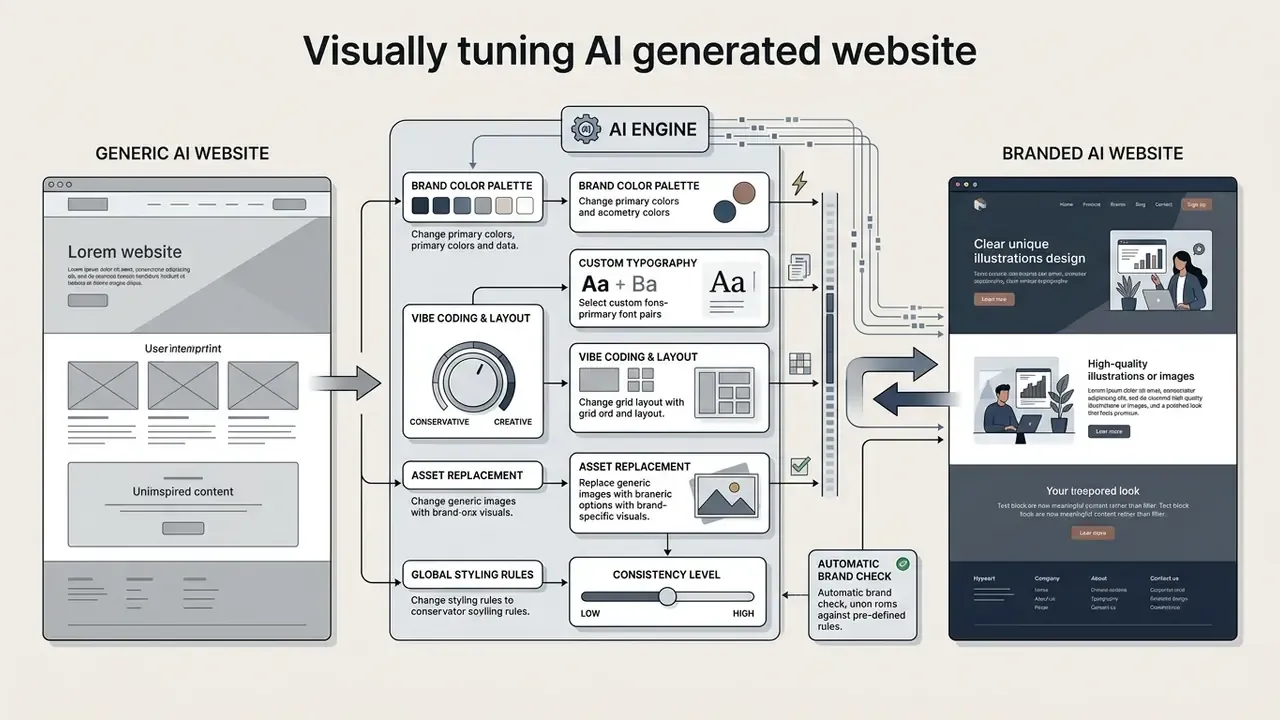 Process flow showing how an AI engine applies color, typography, and layout rules to customize a website