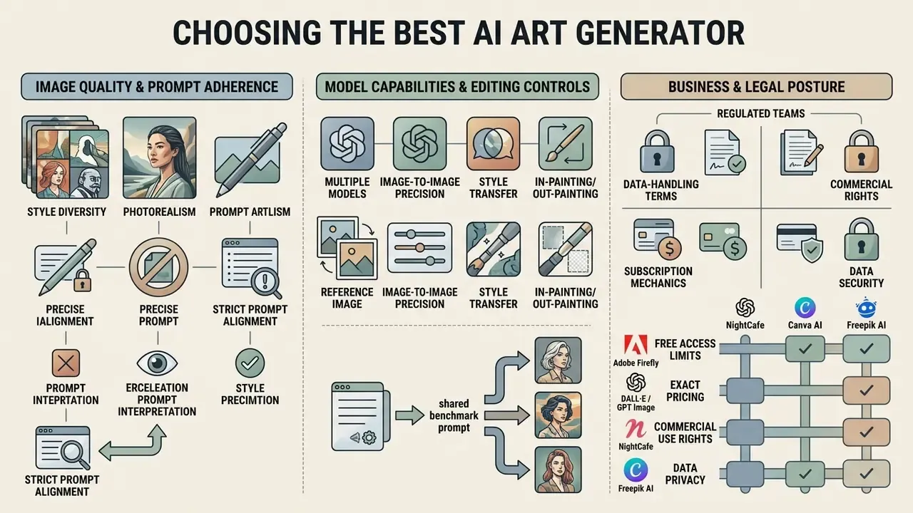 Structured infographic detailing criteria for evaluating AI art generators across quality and legal factors