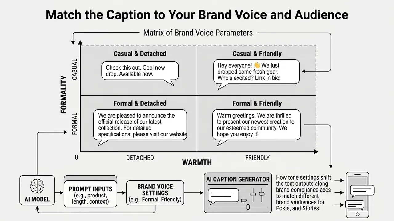 Matrix chart plotting brand voice formality and warmth to guide AI text output styles