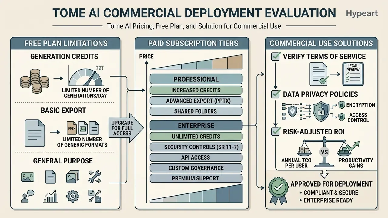 Comparison infographic showing subscription tiers, usage limitations, and commercial compliance requirements