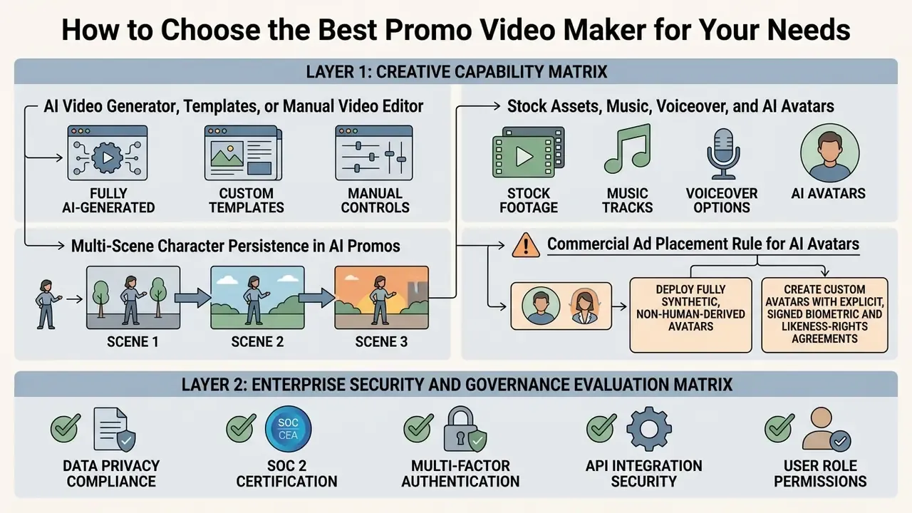 Infographic detailing creative capabilities and security governance for choosing a promo video maker