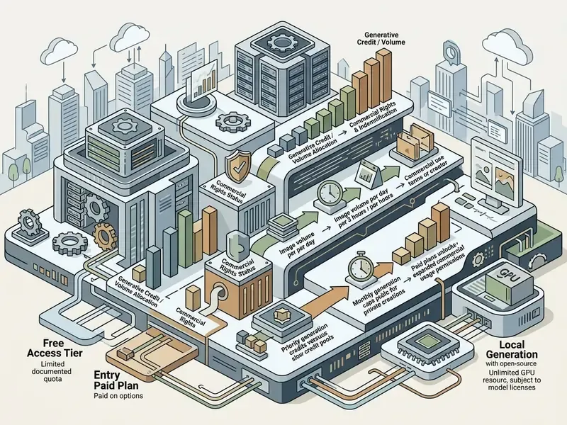 Isometric diagram showing AI image generation cost tiers including access quotas and commercial rights