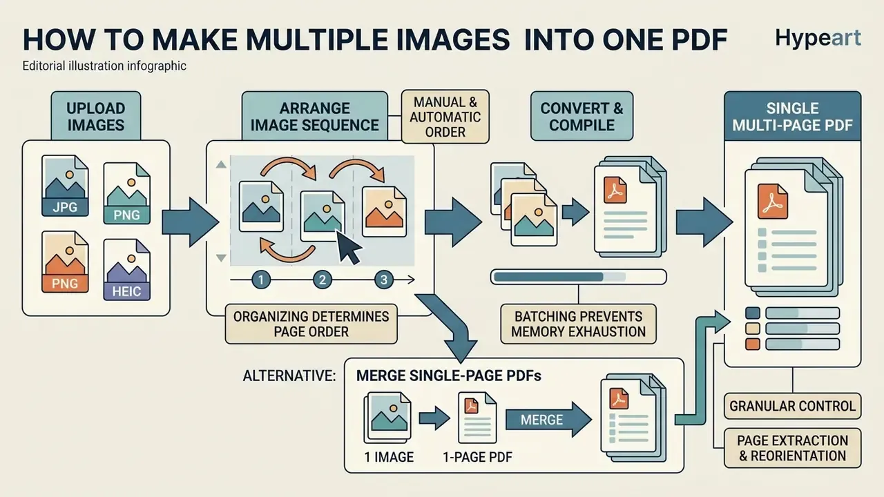 Process diagram showing how to arrange image sequences and merge them into a single multi-page PDF document