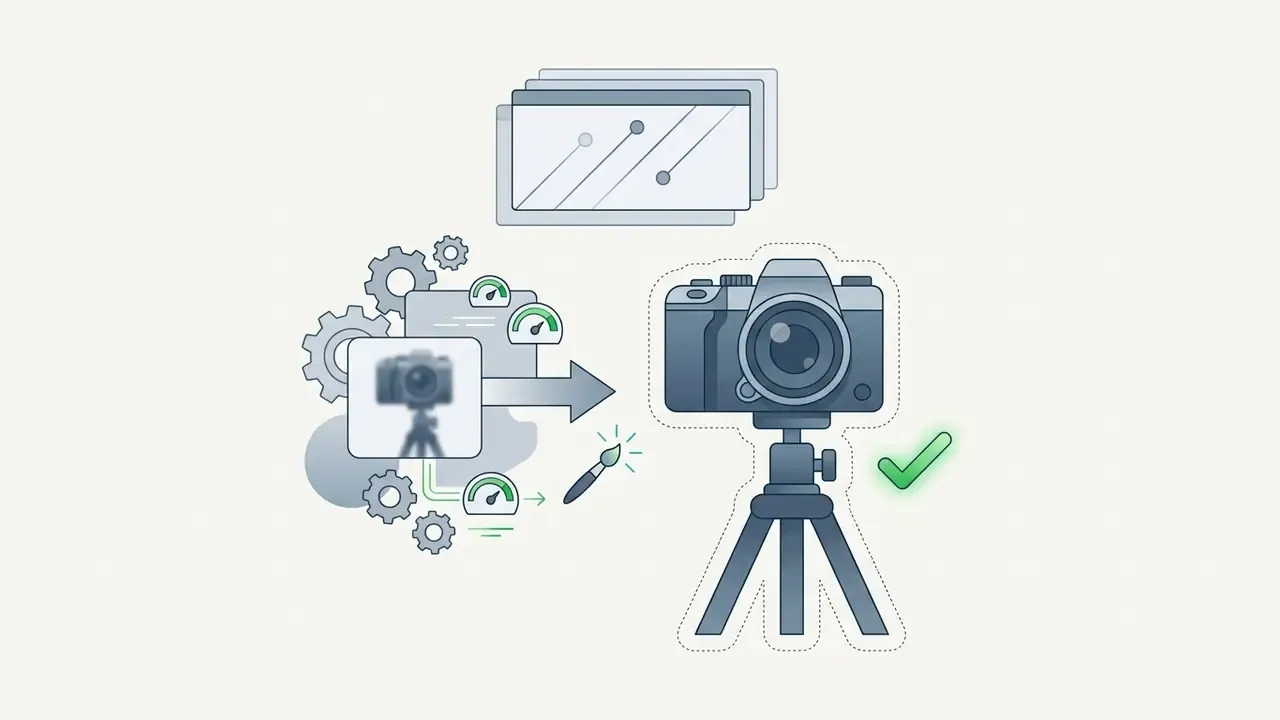 Digital camera on a tripod being processed by an AI brush tool for background removal and retouching