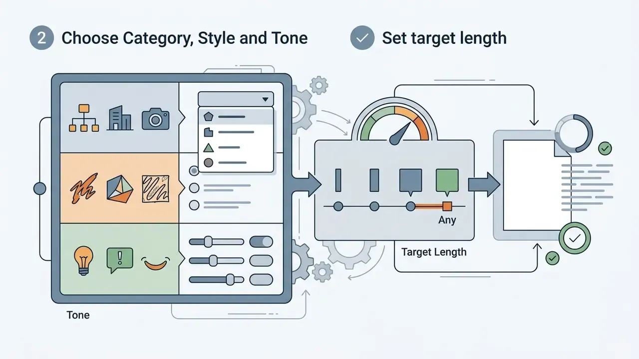 Interface showing category and tone selection sliders feeding into a length adjustment tool for username generation