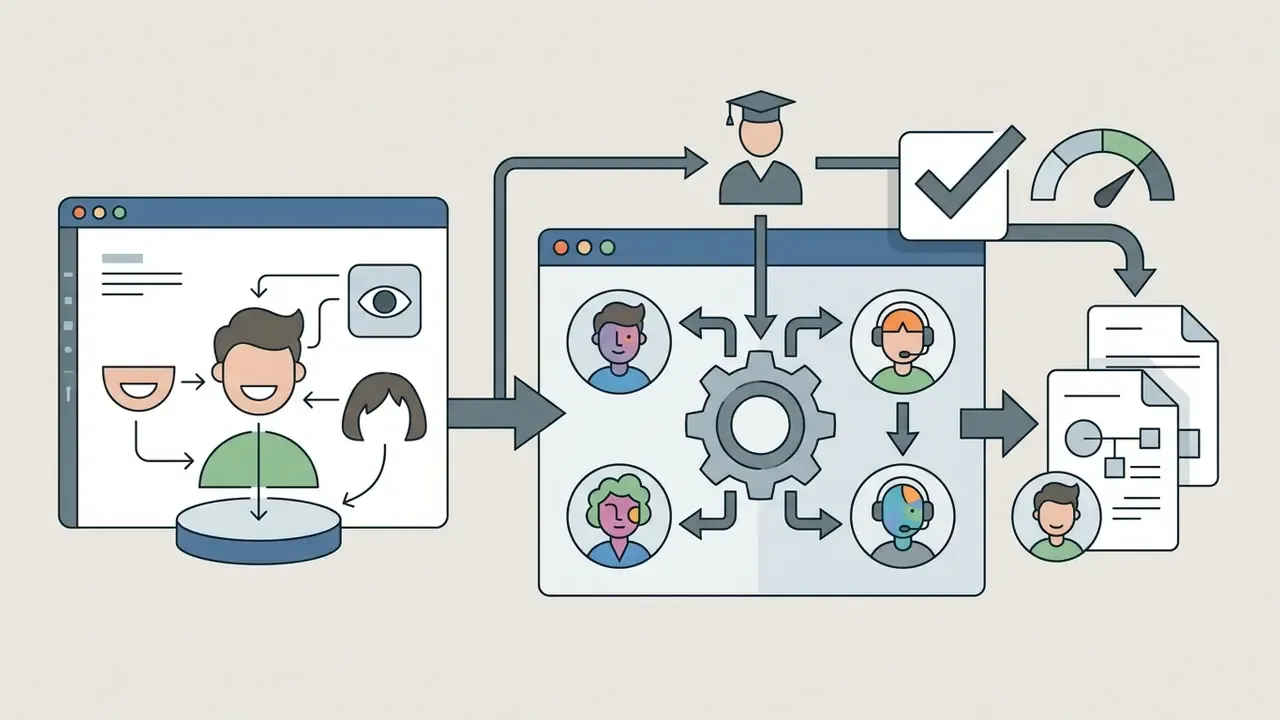 Browser windows showing character customization and automated processing of student avatar profiles