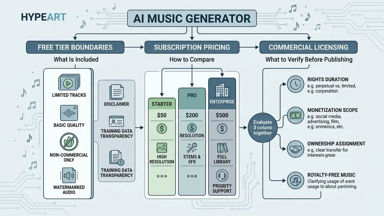 Infographic comparing free tier limits, subscription pricing structures, and commercial usage rights