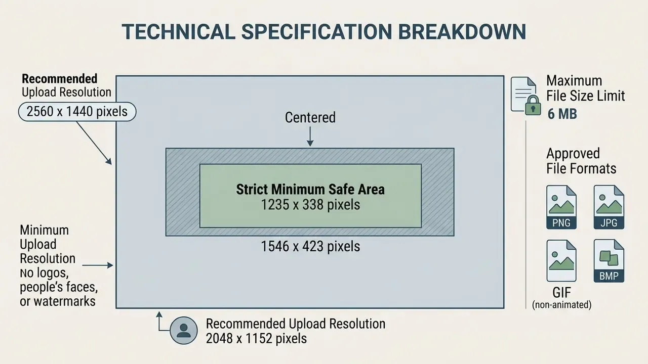 Graphic detailing resolution requirements, file size limits, and safe zones for YouTube banner design