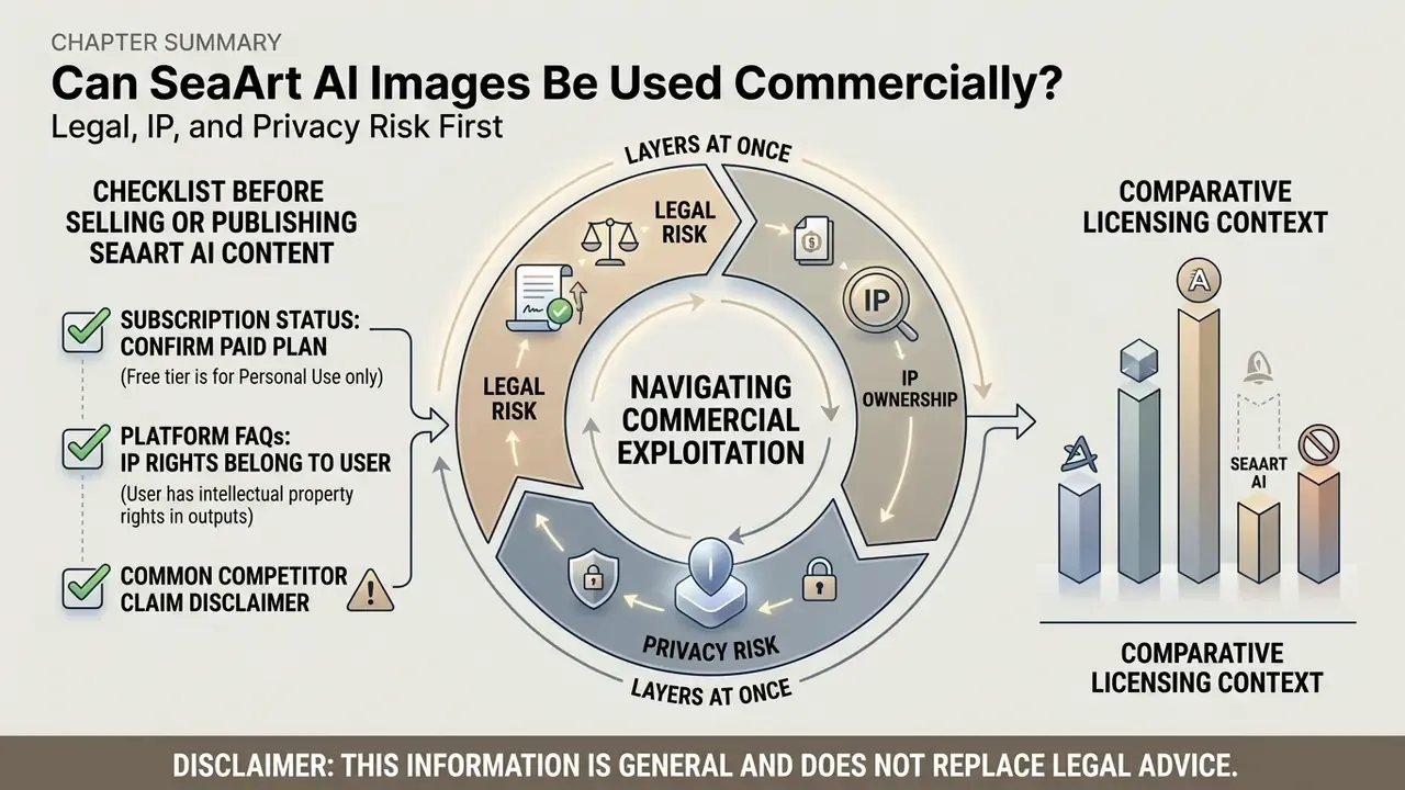 Infographic showing a checklist and circular diagram for navigating commercial SeaArt AI image usage