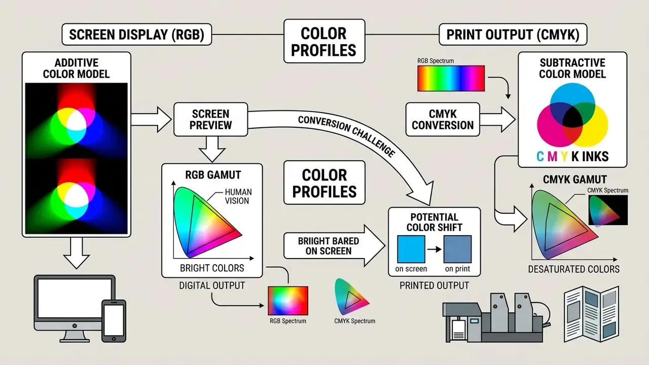 Diagram comparing RGB additive and CMYK subtractive color models and the process of color conversion