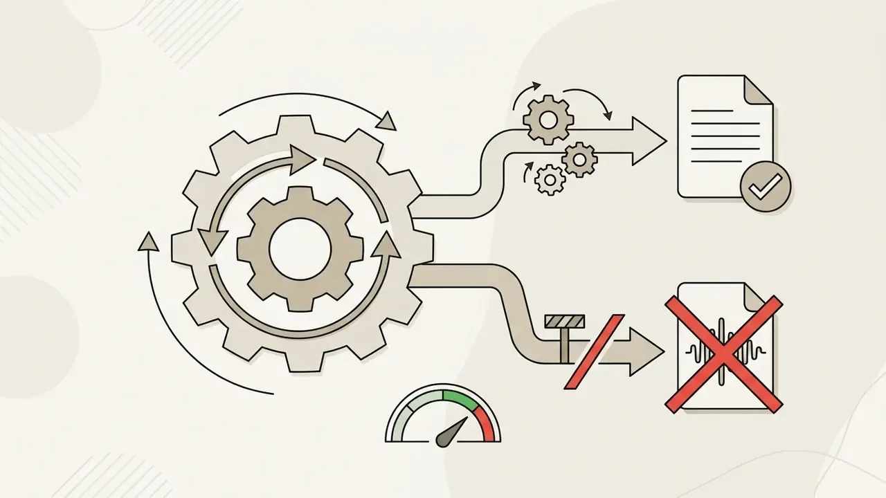 Diagram showing gears driving a document icon while a blocked audio file represents output restrictions