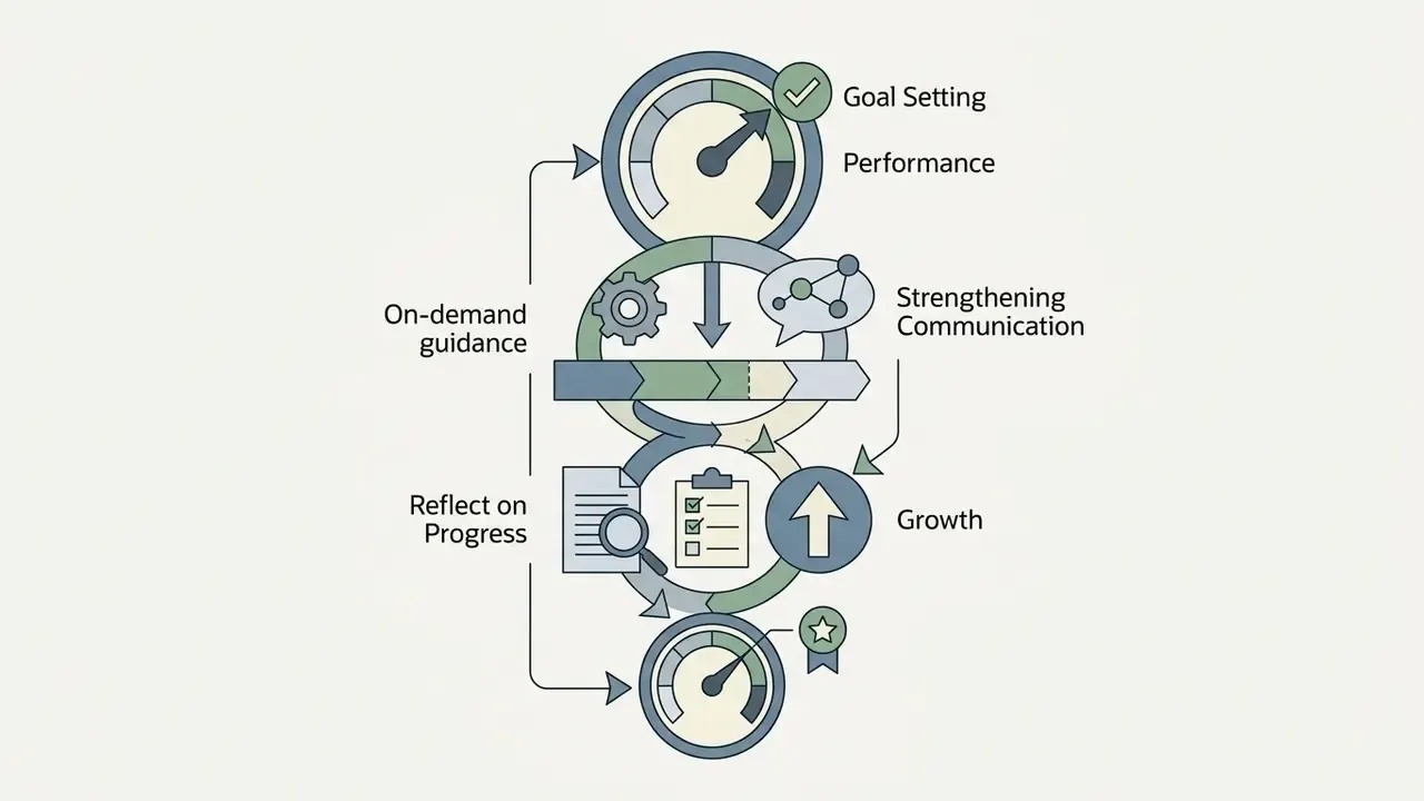 Circular workflow icons for goal setting, communication, progress reflection, and performance growth