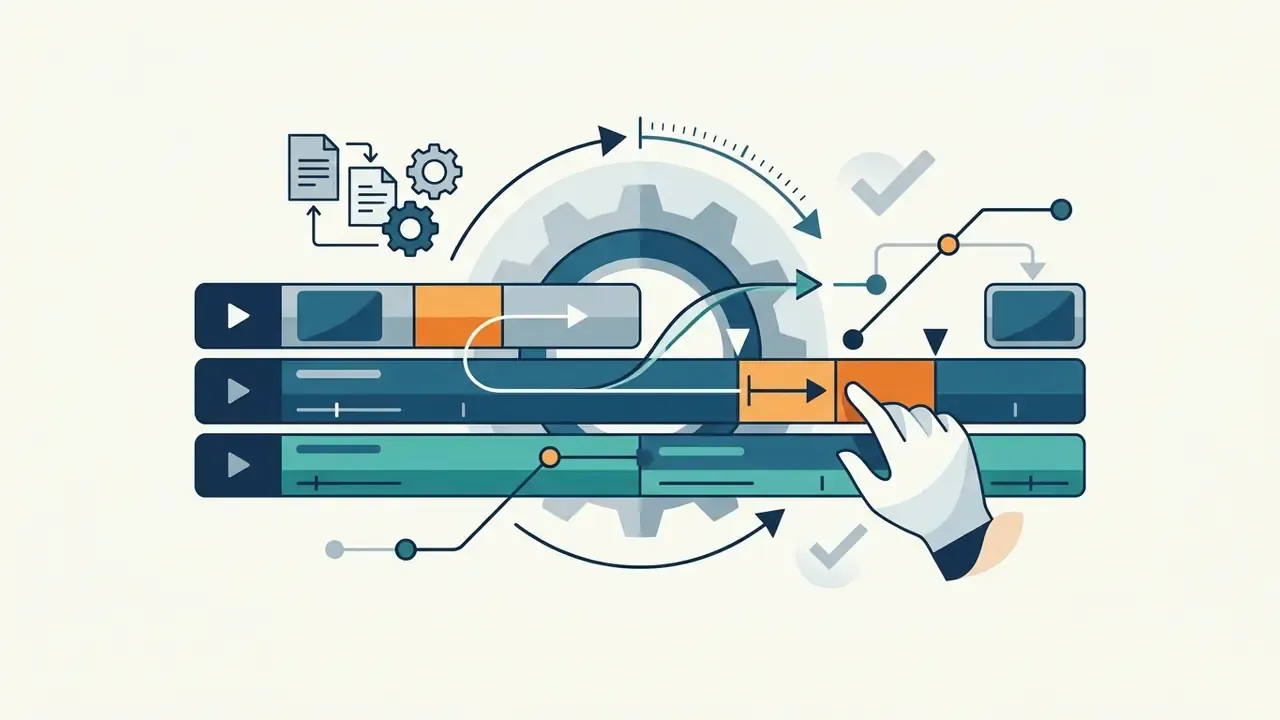 Hand adjusting video timeline layers with gear icons and workflow paths in the background